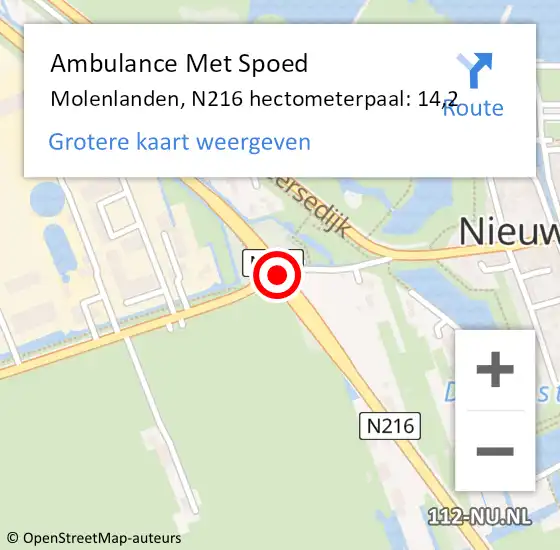 Locatie op kaart van de 112 melding: Ambulance Met Spoed Naar Molenlanden, N216 hectometerpaal: 14,2 op 18 maart 2023 15:24