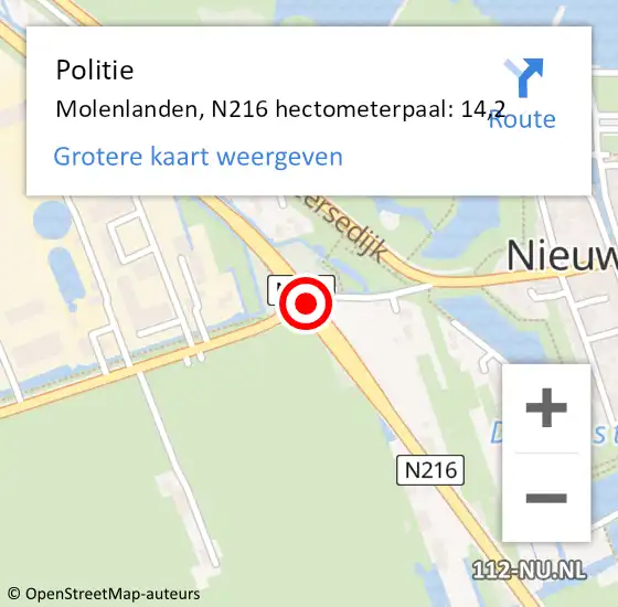 Locatie op kaart van de 112 melding: Politie Molenlanden, N216 hectometerpaal: 14,2 op 18 maart 2023 15:24