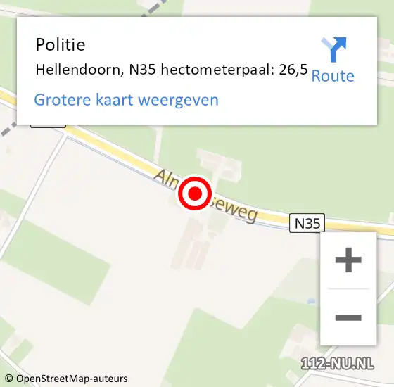 Locatie op kaart van de 112 melding: Politie Hellendoorn, N35 hectometerpaal: 26,5 op 18 maart 2023 16:33