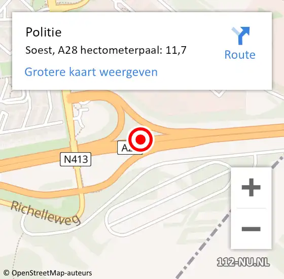 Locatie op kaart van de 112 melding: Politie Soest, A28 hectometerpaal: 11,7 op 18 maart 2023 21:45