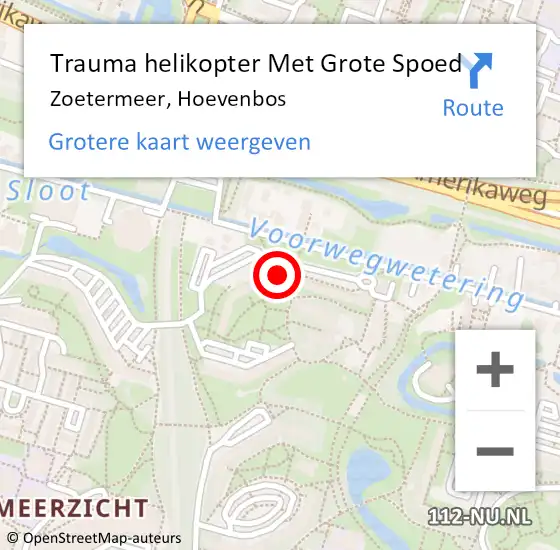 Locatie op kaart van de 112 melding: Trauma helikopter Met Grote Spoed Naar Zoetermeer, Hoevenbos op 19 maart 2023 04:45