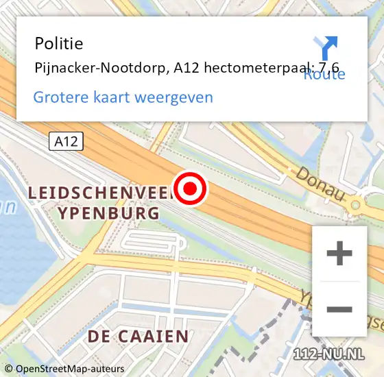 Locatie op kaart van de 112 melding: Politie Pijnacker-Nootdorp, A12 hectometerpaal: 7,6 op 19 maart 2023 15:01