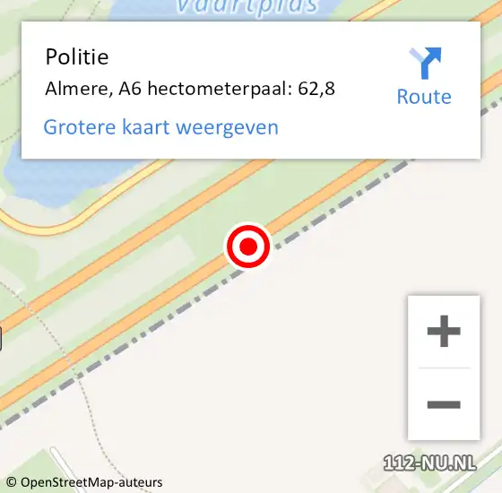Locatie op kaart van de 112 melding: Politie Almere, A6 hectometerpaal: 62,8 op 19 maart 2023 15:51