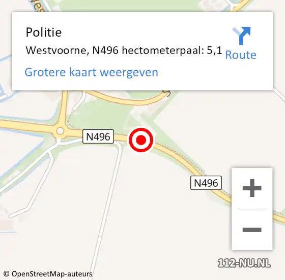 Locatie op kaart van de 112 melding: Politie Westvoorne, N496 hectometerpaal: 5,1 op 19 maart 2023 15:59