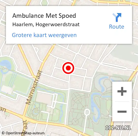 Locatie op kaart van de 112 melding: Ambulance Met Spoed Naar Haarlem, Hogerwoerdstraat op 19 maart 2023 16:21