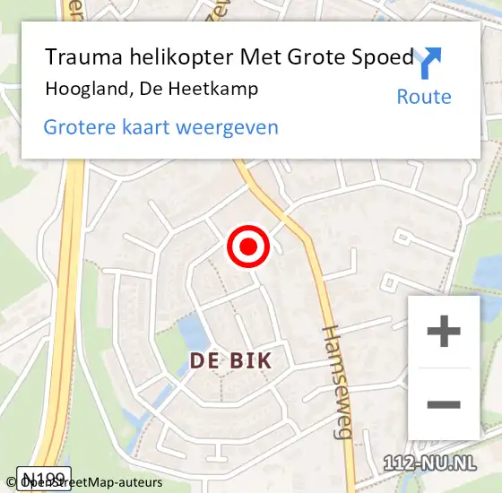 Locatie op kaart van de 112 melding: Trauma helikopter Met Grote Spoed Naar Hoogland, De Heetkamp op 19 maart 2023 17:34