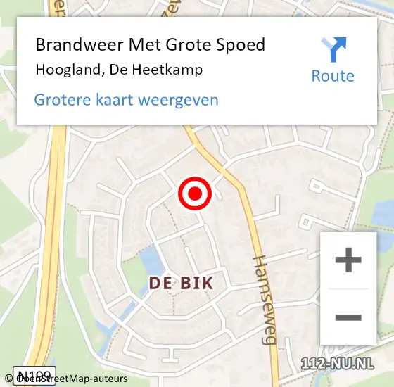 Locatie op kaart van de 112 melding: Brandweer Met Grote Spoed Naar Hoogland, De Heetkamp op 19 maart 2023 17:38