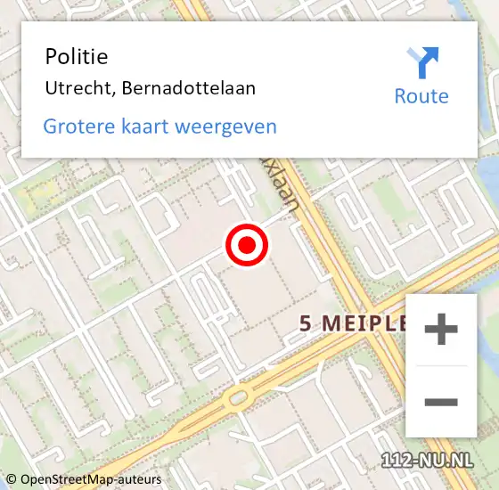 Locatie op kaart van de 112 melding: Politie Utrecht, Bernadottelaan op 19 maart 2023 19:16