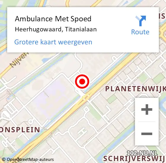 Locatie op kaart van de 112 melding: Ambulance Met Spoed Naar Heerhugowaard, Titanialaan op 19 maart 2023 22:36