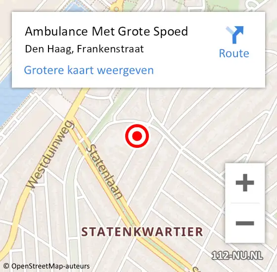 Locatie op kaart van de 112 melding: Ambulance Met Grote Spoed Naar Den Haag, Frankenstraat op 20 maart 2023 00:08
