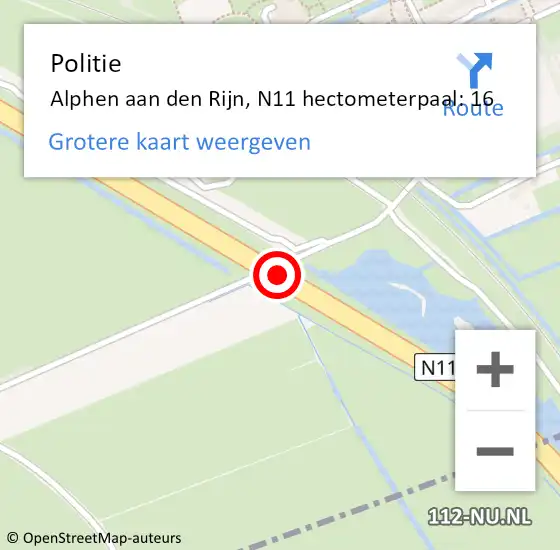 Locatie op kaart van de 112 melding: Politie Alphen aan den Rijn, N11 hectometerpaal: 16 op 20 maart 2023 00:10