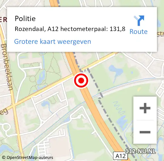 Locatie op kaart van de 112 melding: Politie Rozendaal, A12 hectometerpaal: 131,8 op 20 maart 2023 06:20