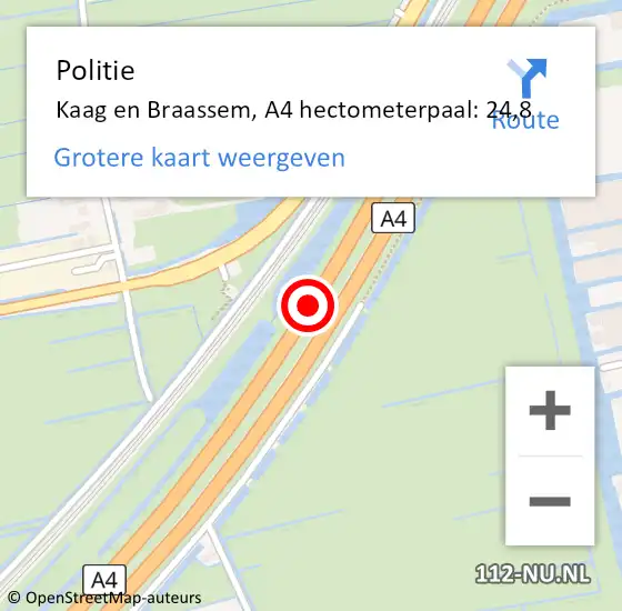 Locatie op kaart van de 112 melding: Politie Kaag en Braassem, A4 hectometerpaal: 24,8 op 20 maart 2023 07:16