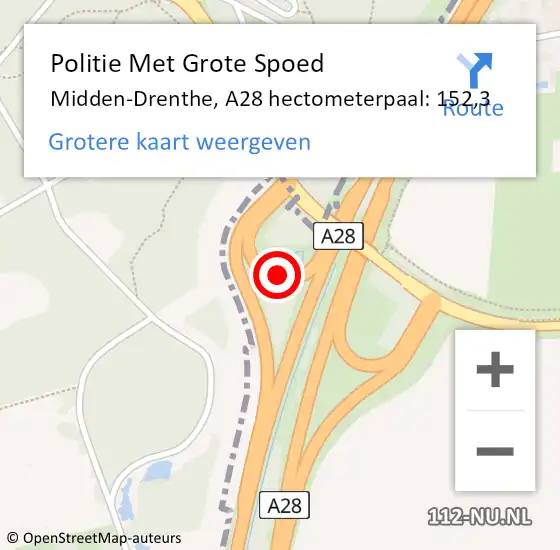 Locatie op kaart van de 112 melding: Politie Met Grote Spoed Naar Midden-Drenthe, A28 hectometerpaal: 152,3 op 20 maart 2023 11:03