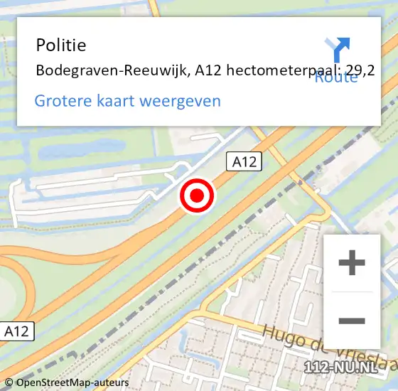 Locatie op kaart van de 112 melding: Politie Gouda, A12 hectometerpaal: 29,2 op 20 maart 2023 12:53