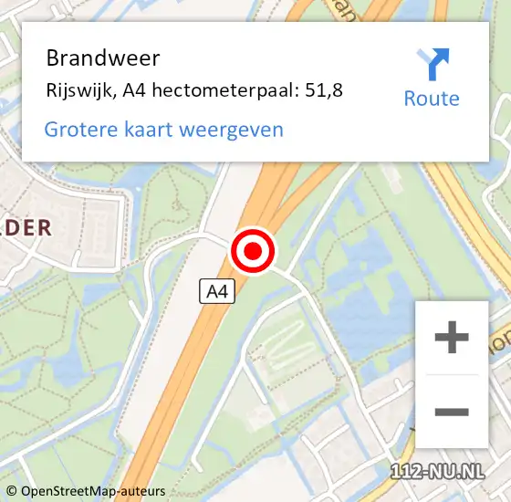 Locatie op kaart van de 112 melding: Brandweer Rijswijk, A4 hectometerpaal: 51,8 op 20 maart 2023 14:39