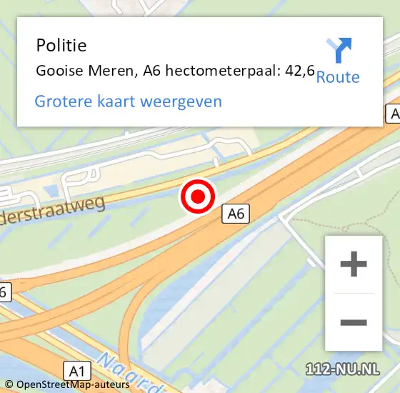 Locatie op kaart van de 112 melding: Politie Gooise Meren, A6 hectometerpaal: 42,6 op 20 maart 2023 15:49