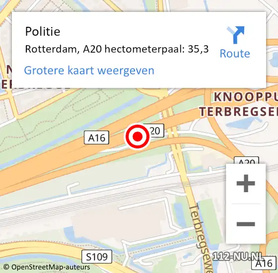 Locatie op kaart van de 112 melding: Politie Rotterdam, A20 hectometerpaal: 35,3 op 20 maart 2023 16:41