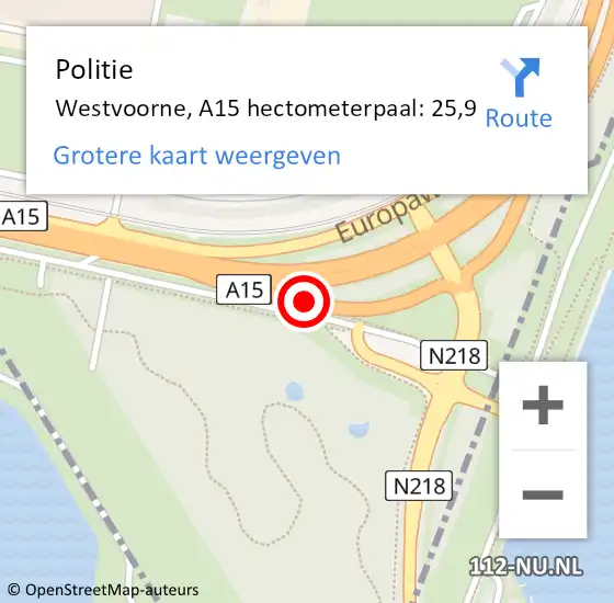 Locatie op kaart van de 112 melding: Politie Westvoorne, A15 hectometerpaal: 25,9 op 20 maart 2023 17:24