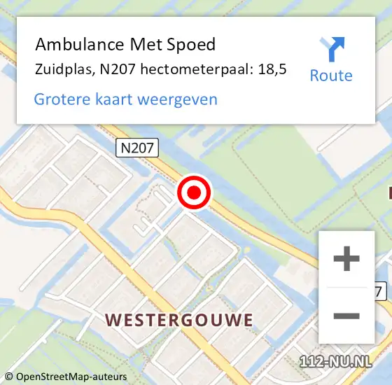 Locatie op kaart van de 112 melding: Ambulance Met Spoed Naar Zuidplas, N207 hectometerpaal: 18,5 op 21 maart 2023 07:48