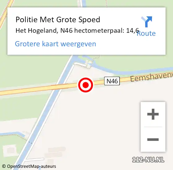 Locatie op kaart van de 112 melding: Politie Met Grote Spoed Naar Het Hogeland, N46 hectometerpaal: 14,6 op 21 maart 2023 08:04