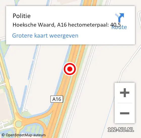 Locatie op kaart van de 112 melding: Politie Hoeksche Waard, A16 hectometerpaal: 40,5 op 21 maart 2023 08:58