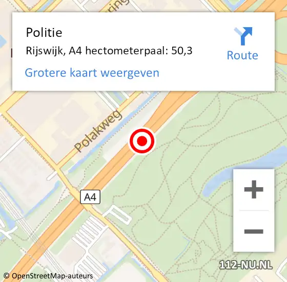 Locatie op kaart van de 112 melding: Politie Rijswijk, A4 hectometerpaal: 50,3 op 21 maart 2023 15:57