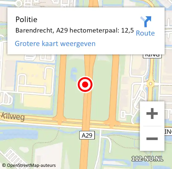 Locatie op kaart van de 112 melding: Politie Barendrecht, A29 hectometerpaal: 12,5 op 21 maart 2023 17:19