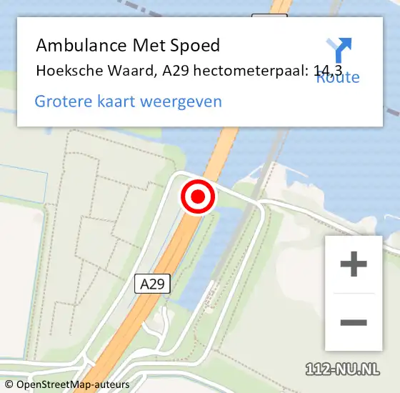 Locatie op kaart van de 112 melding: Ambulance Met Spoed Naar Hoeksche Waard, A29 hectometerpaal: 14,3 op 21 maart 2023 17:20