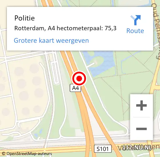 Locatie op kaart van de 112 melding: Politie Rotterdam, A4 hectometerpaal: 75,3 op 21 maart 2023 17:51