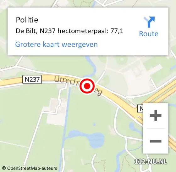 Locatie op kaart van de 112 melding: Politie De Bilt, N237 hectometerpaal: 77,1 op 21 maart 2023 18:01