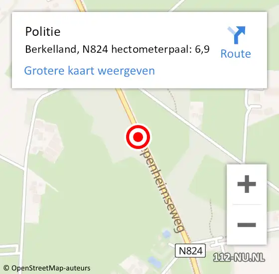 Locatie op kaart van de 112 melding: Politie Berkelland, N824 hectometerpaal: 6,9 op 21 maart 2023 18:21