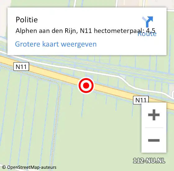 Locatie op kaart van de 112 melding: Politie Alphen aan den Rijn, N11 hectometerpaal: 4,5 op 21 maart 2023 22:24