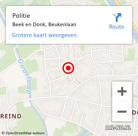 Locatie op kaart van de 112 melding: Politie Beek en Donk, Beukenlaan op 22 maart 2023 01:20