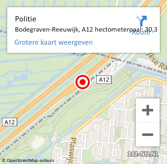 Locatie op kaart van de 112 melding: Politie Bodegraven-Reeuwijk, A12 hectometerpaal: 30,3 op 22 maart 2023 05:42