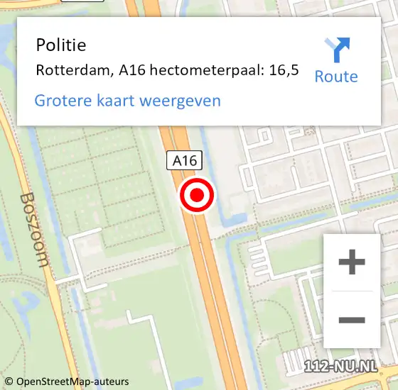 Locatie op kaart van de 112 melding: Politie Capelle aan den IJssel, A16 hectometerpaal: 16,5 op 22 maart 2023 06:25