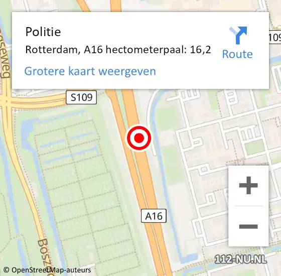 Locatie op kaart van de 112 melding: Politie Capelle aan den IJssel, A16 hectometerpaal: 16,2 op 22 maart 2023 06:25