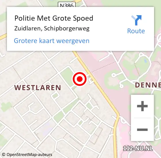 Locatie op kaart van de 112 melding: Politie Met Grote Spoed Naar Zuidlaren, Schipborgerweg op 22 maart 2023 07:30