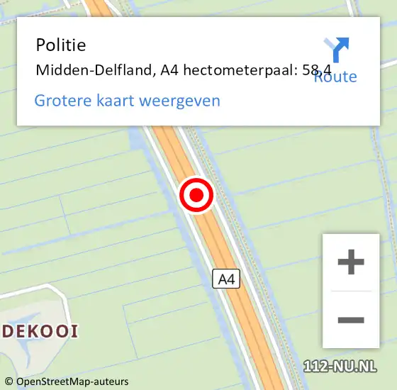Locatie op kaart van de 112 melding: Politie Midden-Delfland, A4 hectometerpaal: 58,4 op 22 maart 2023 08:42
