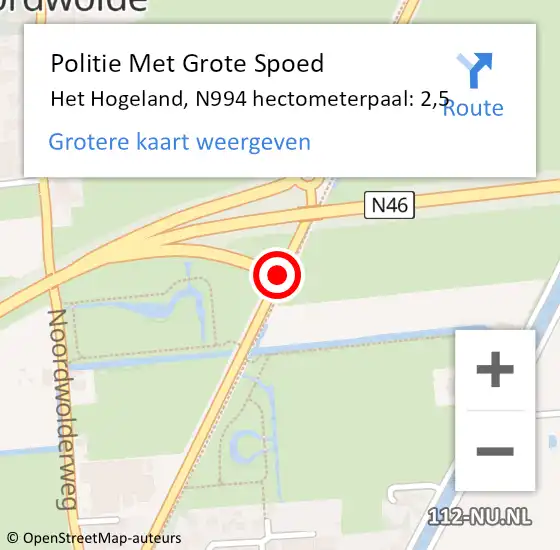 Locatie op kaart van de 112 melding: Politie Met Grote Spoed Naar Het Hogeland, N994 hectometerpaal: 2,5 op 22 maart 2023 11:14