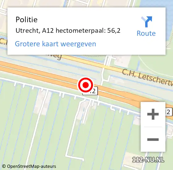 Locatie op kaart van de 112 melding: Politie Utrecht, A12 hectometerpaal: 56,2 op 22 maart 2023 13:26