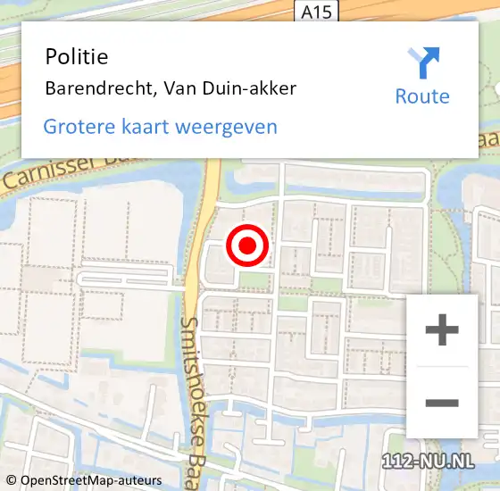 Locatie op kaart van de 112 melding: Politie Barendrecht, Van Duin-akker op 22 maart 2023 14:04