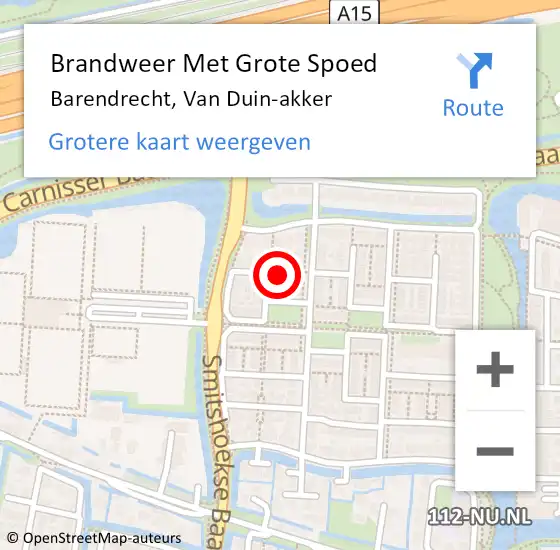 Locatie op kaart van de 112 melding: Brandweer Met Grote Spoed Naar Barendrecht, Van Duin-akker op 22 maart 2023 14:04