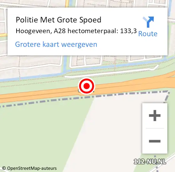 Locatie op kaart van de 112 melding: Politie Met Grote Spoed Naar Hoogeveen, A28 hectometerpaal: 133,3 op 22 maart 2023 17:19