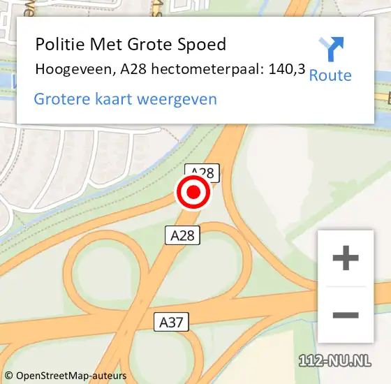 Locatie op kaart van de 112 melding: Politie Met Grote Spoed Naar Hoogeveen, A28 hectometerpaal: 140,3 op 22 maart 2023 17:31