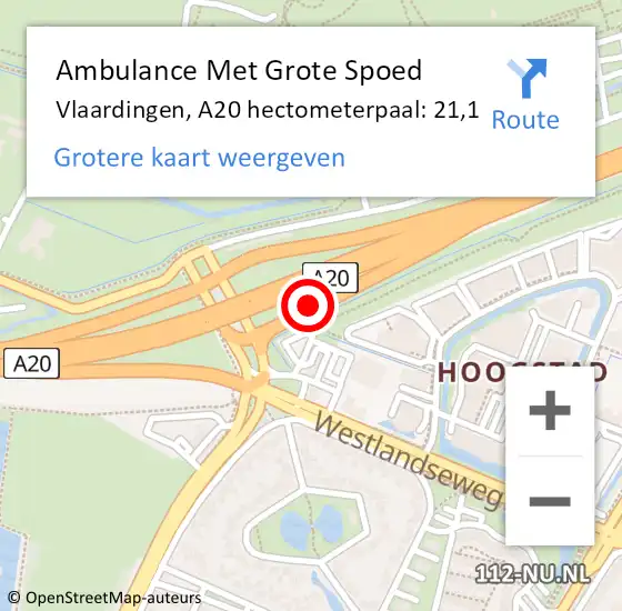 Locatie op kaart van de 112 melding: Ambulance Met Grote Spoed Naar Vlaardingen, A20 hectometerpaal: 21,1 op 22 maart 2023 17:56