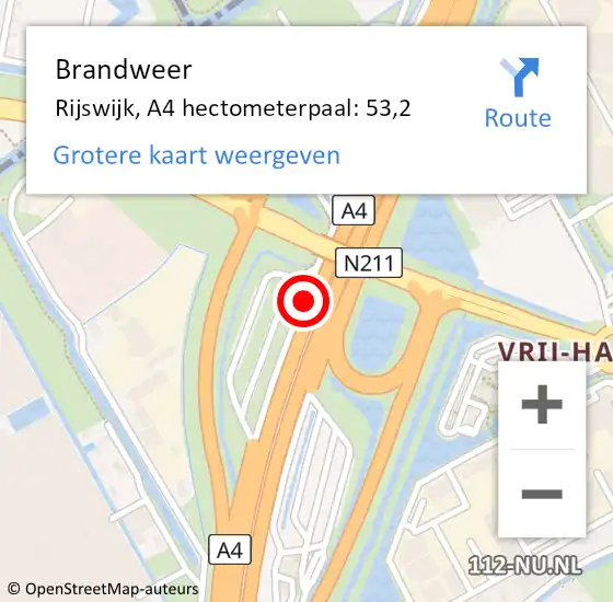 Locatie op kaart van de 112 melding: Brandweer Midden-Delfland, A4 hectometerpaal: 53,2 op 22 maart 2023 18:14