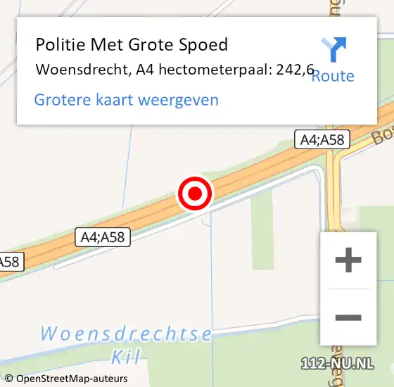 Locatie op kaart van de 112 melding: Politie Met Grote Spoed Naar Woensdrecht, A4 hectometerpaal: 242,6 op 22 maart 2023 22:52