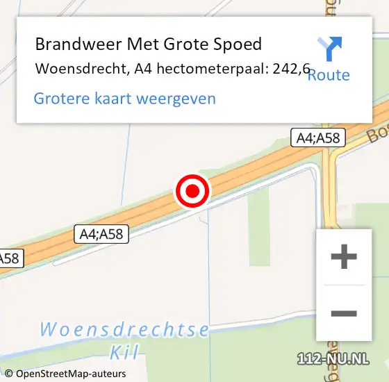 Locatie op kaart van de 112 melding: Brandweer Met Grote Spoed Naar Woensdrecht, A4 hectometerpaal: 242,6 op 22 maart 2023 22:53