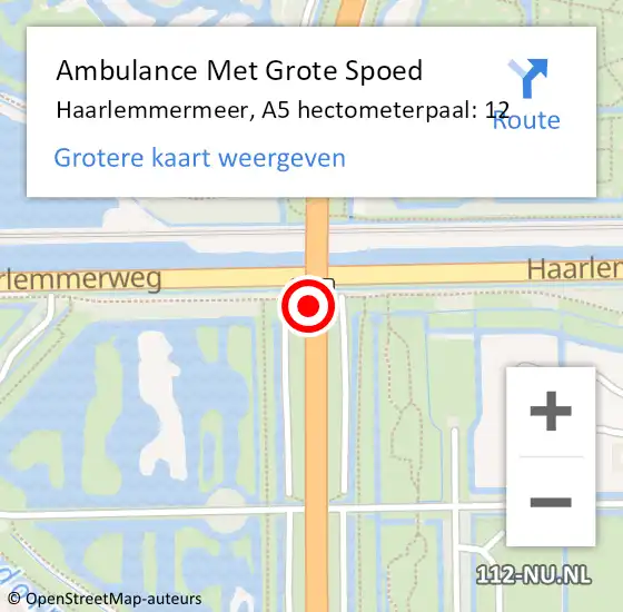 Locatie op kaart van de 112 melding: Ambulance Met Grote Spoed Naar Haarlemmermeer, A5 hectometerpaal: 12 op 23 maart 2023 02:36